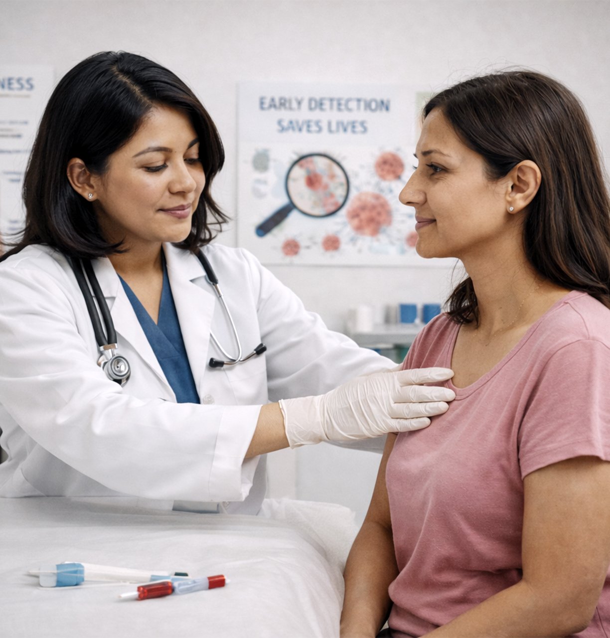 A doctor performing a routine check-up on a woman in a nursing home.
