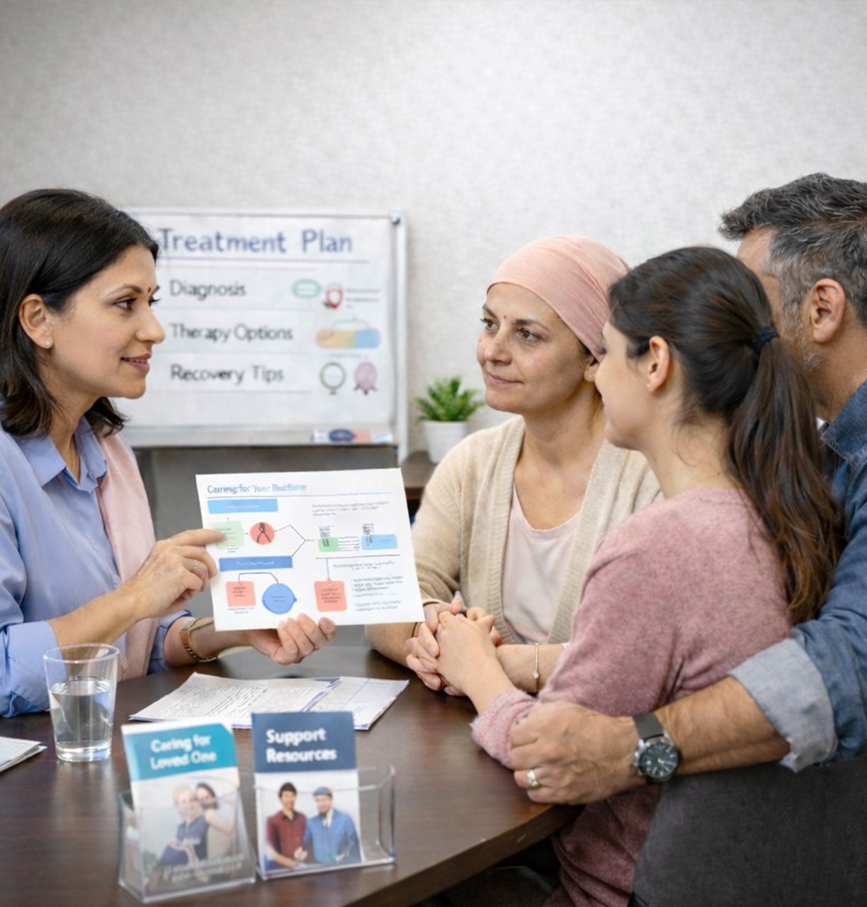 A doctor explaining a treatment plan to a patient and family in a nursing home consultation room.