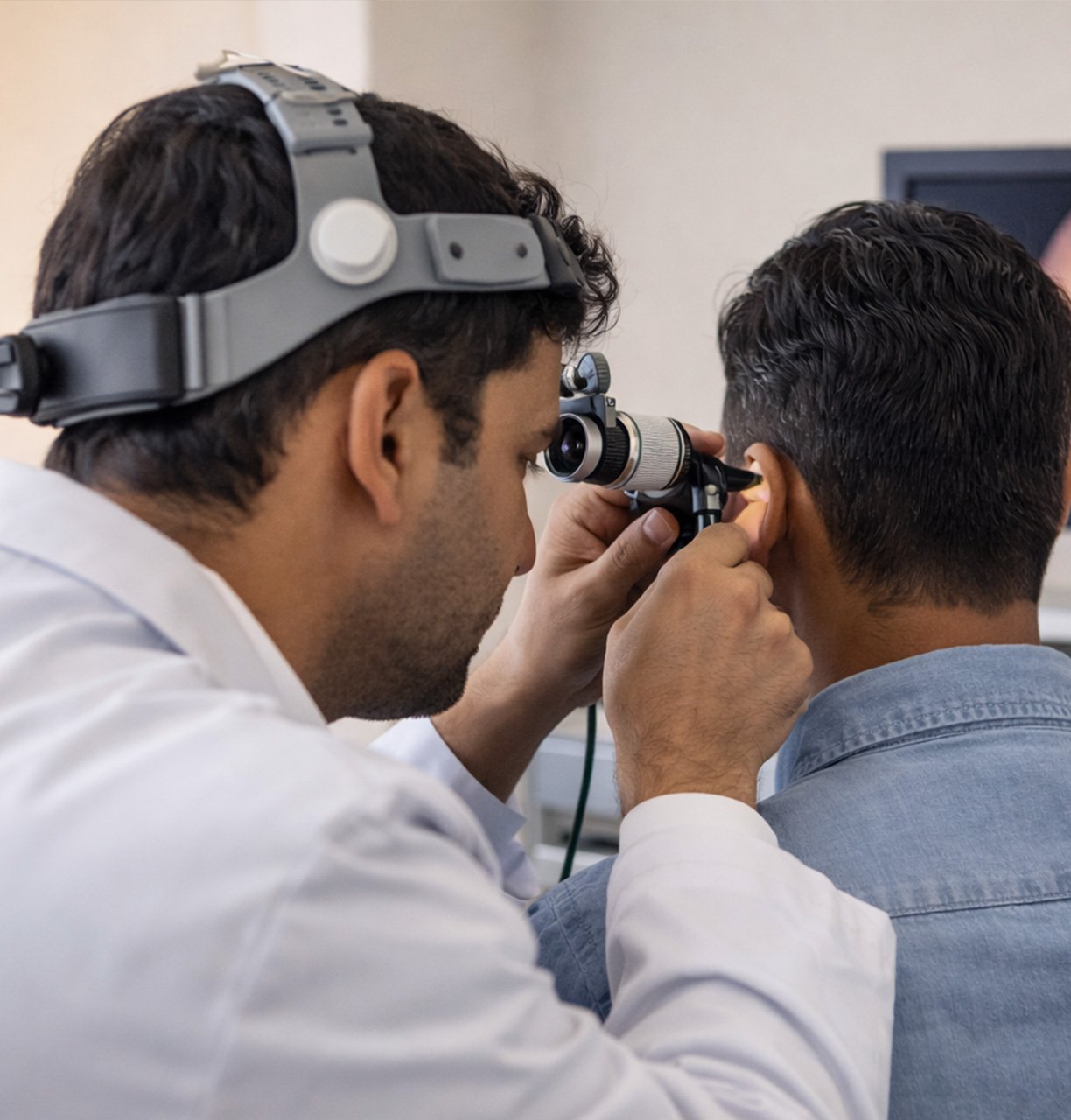 A doctor examining a patient’s ear with an otoscope during a checkup in a nursing home.