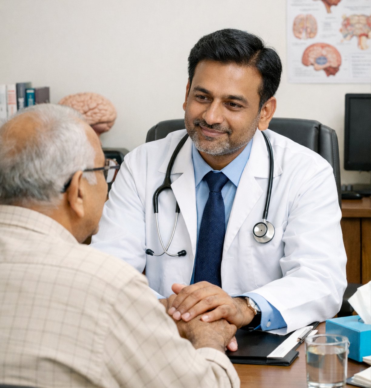Doctor reassuring an elderly patient during a consultation in a nursing home.