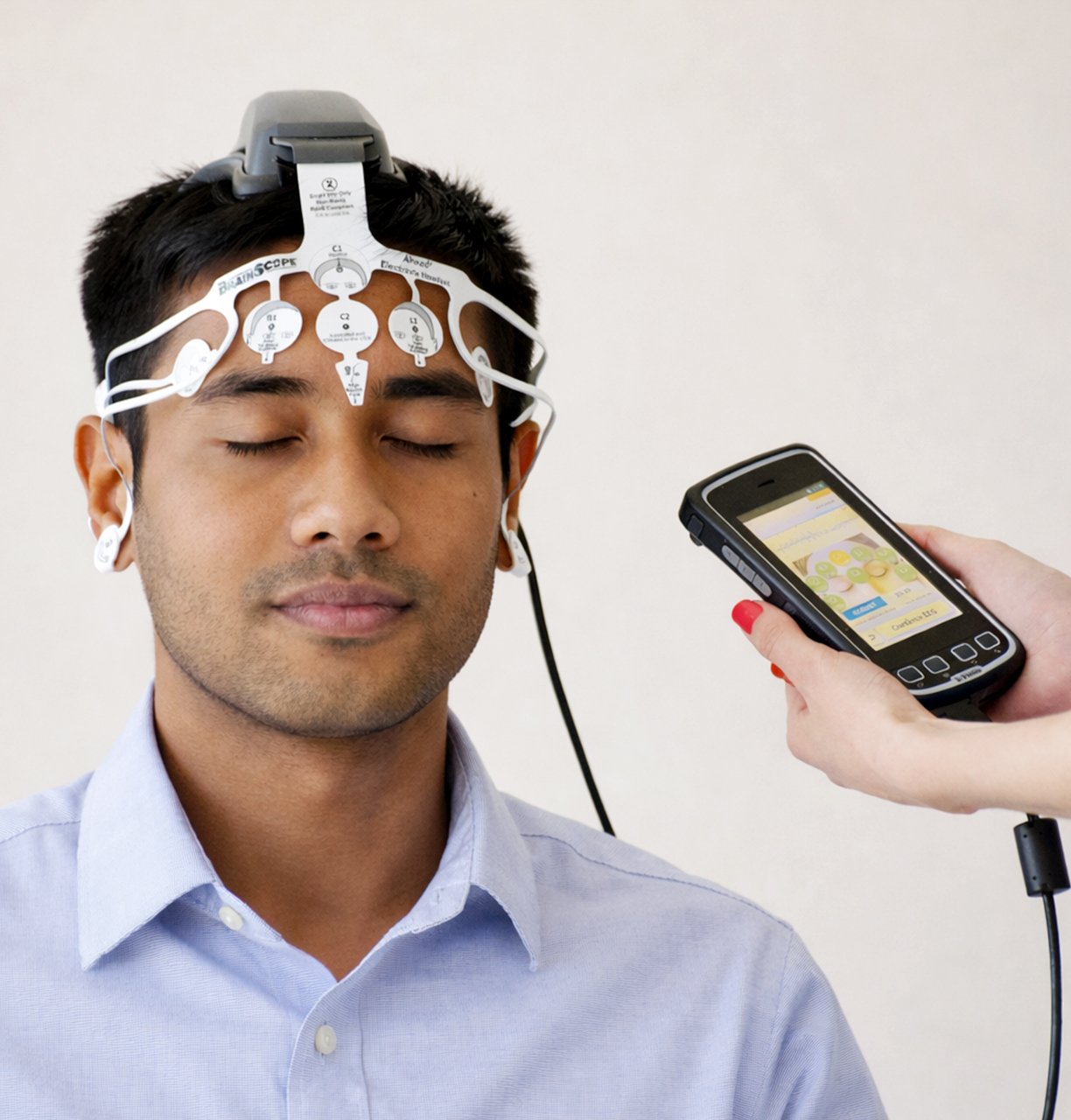 Patient undergoing EEG brain test with monitoring device in a nursing home diagnostic setup.
