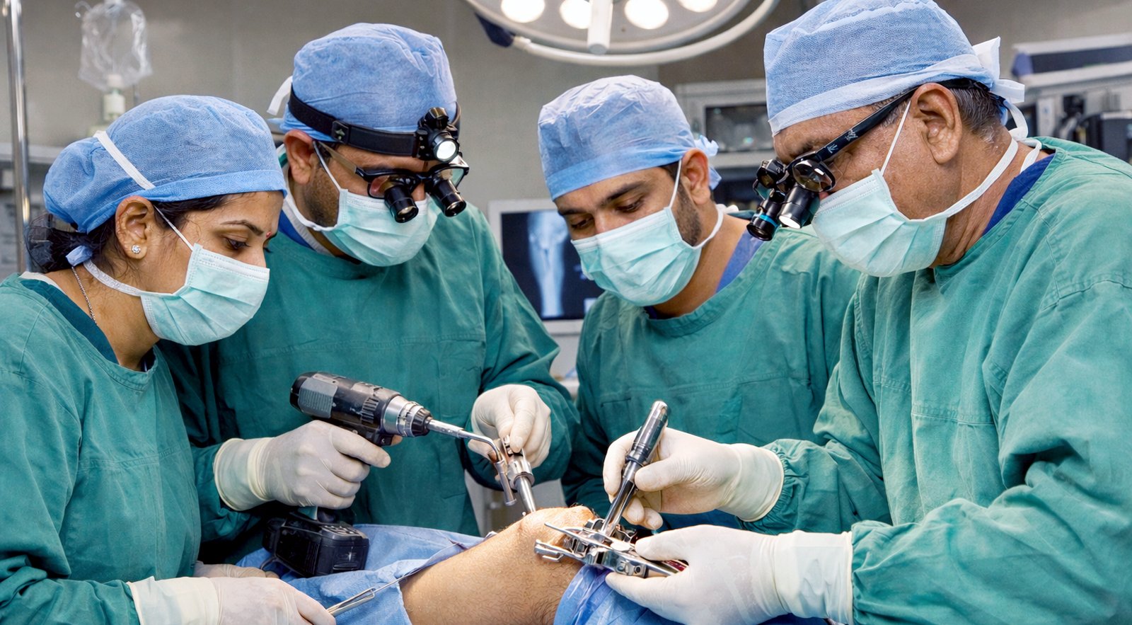 Surgeons performing orthopedic surgery using specialized instruments in a nursing home operation theatre.