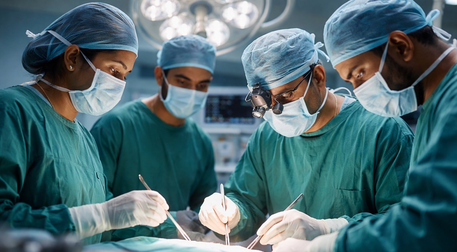 Surgical team performing a procedure under operating lights in a nursing home operation theatre.