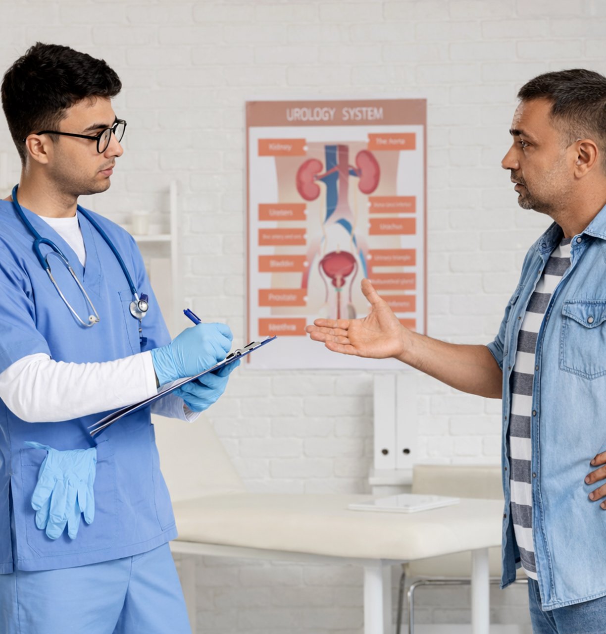 A doctor noting symptoms while a male patient explains his condition in a nursing home consultation room.