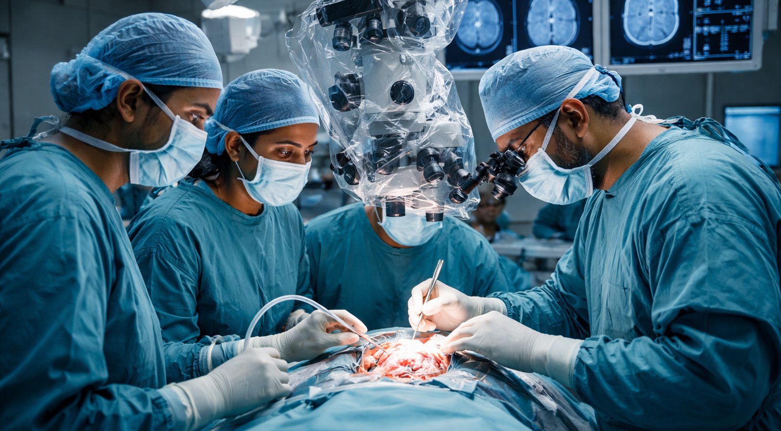 Surgeons performing a complex operation using advanced equipment in a nursing home operating room.